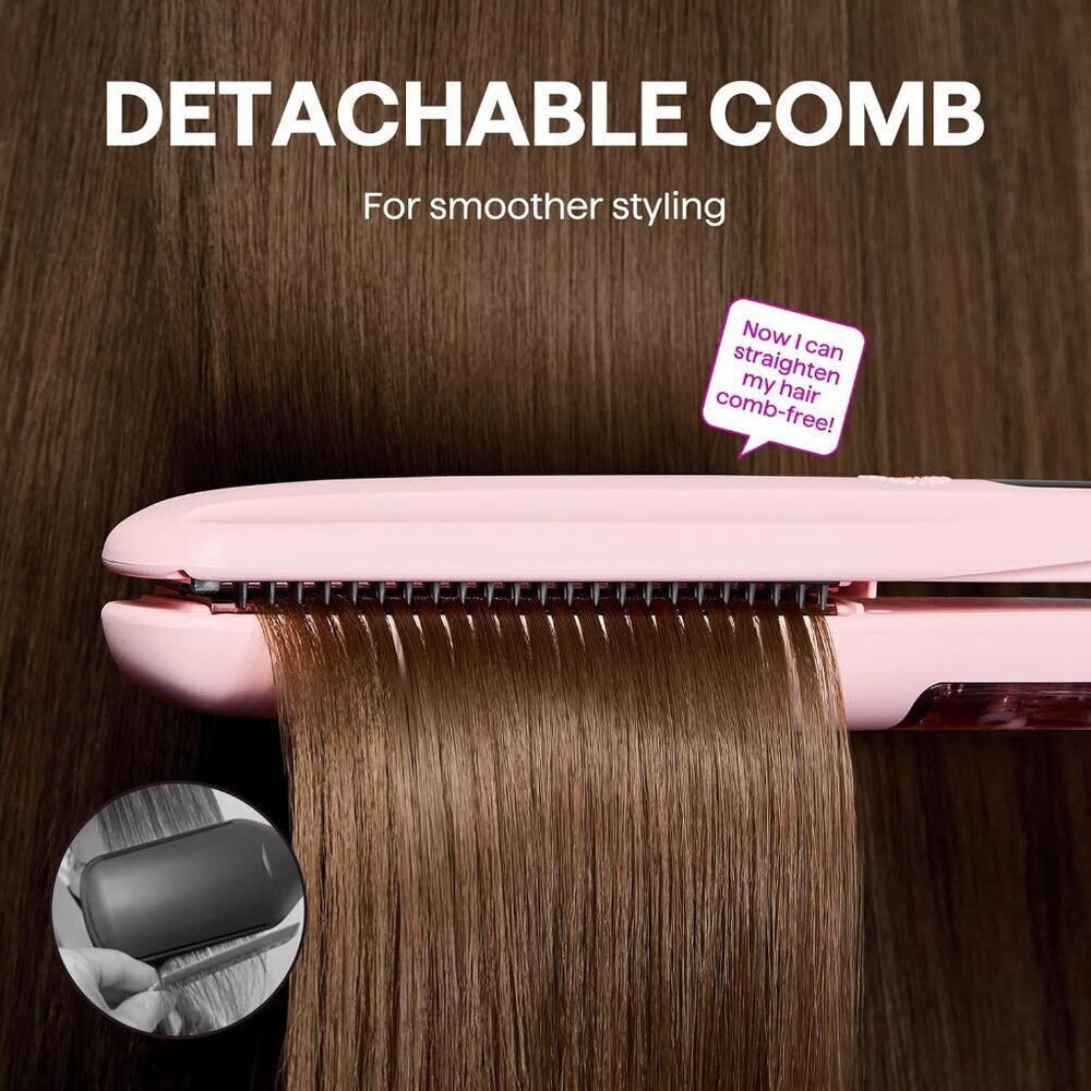 Steam Hair Straightener Titanium Flat Iron with Detachable Comb Pink - Picture 4 of 7